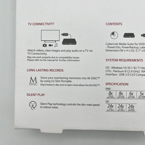 LG External Drive Slim Portable DVD Writer Playback -SP80NB80 - Cord & Software - Picture 13 of 16