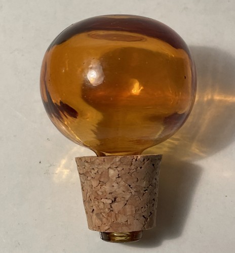 Vtg MCM Decanter Bottle Jug Spain Yellow Orange With Cork Bubble Stopper 8” - Picture 7 of 8