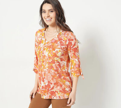 Susan Graver Weekend Printed Cool Touch 3/4 Shirt Clay Gold S New