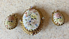 Vintage Signed W. Germany Floral & Gold Tone Brooch & Matching Clip On Earrings