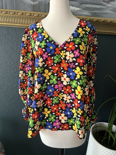 Traffic People Anthropologie Sz S Black Retro Flowers Blouse