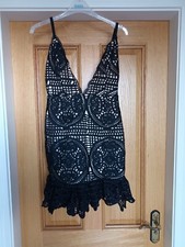PLT Black Crochet Plunge Neck Fitted Flared Hem Mini Dress Size 8