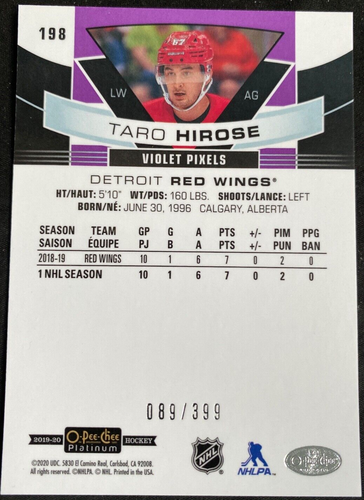 2019-20 O-Pee-Chee Platinum Violet Pixels #198 Taro Hirose 089/399 Detroit Red - Imagen 2 de 2