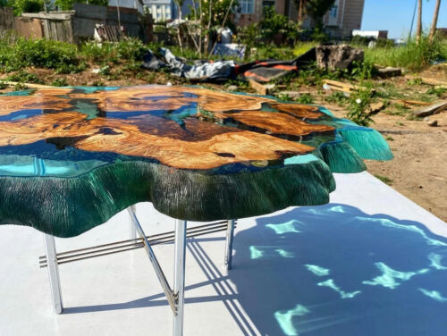 Olive Wood & Teal Green Clear Round Epoxy Resin Table – Handmade River Table - 第 4/11 張圖片