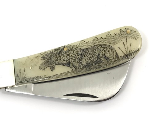 Sway Back Hawkbill Pruner Pocket Knife Moose Scene Scrimshaw 10762-LX - Picture 7 of 7