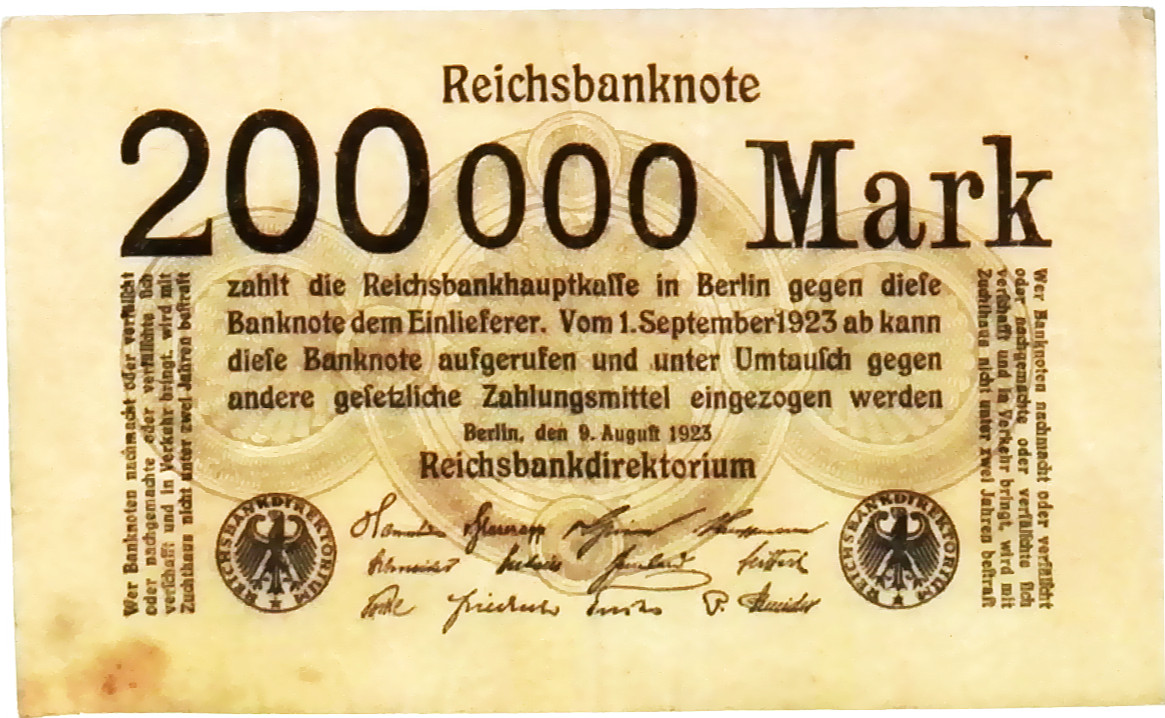 1923 Germany  200.000 Mark Banknote Weimar Republic