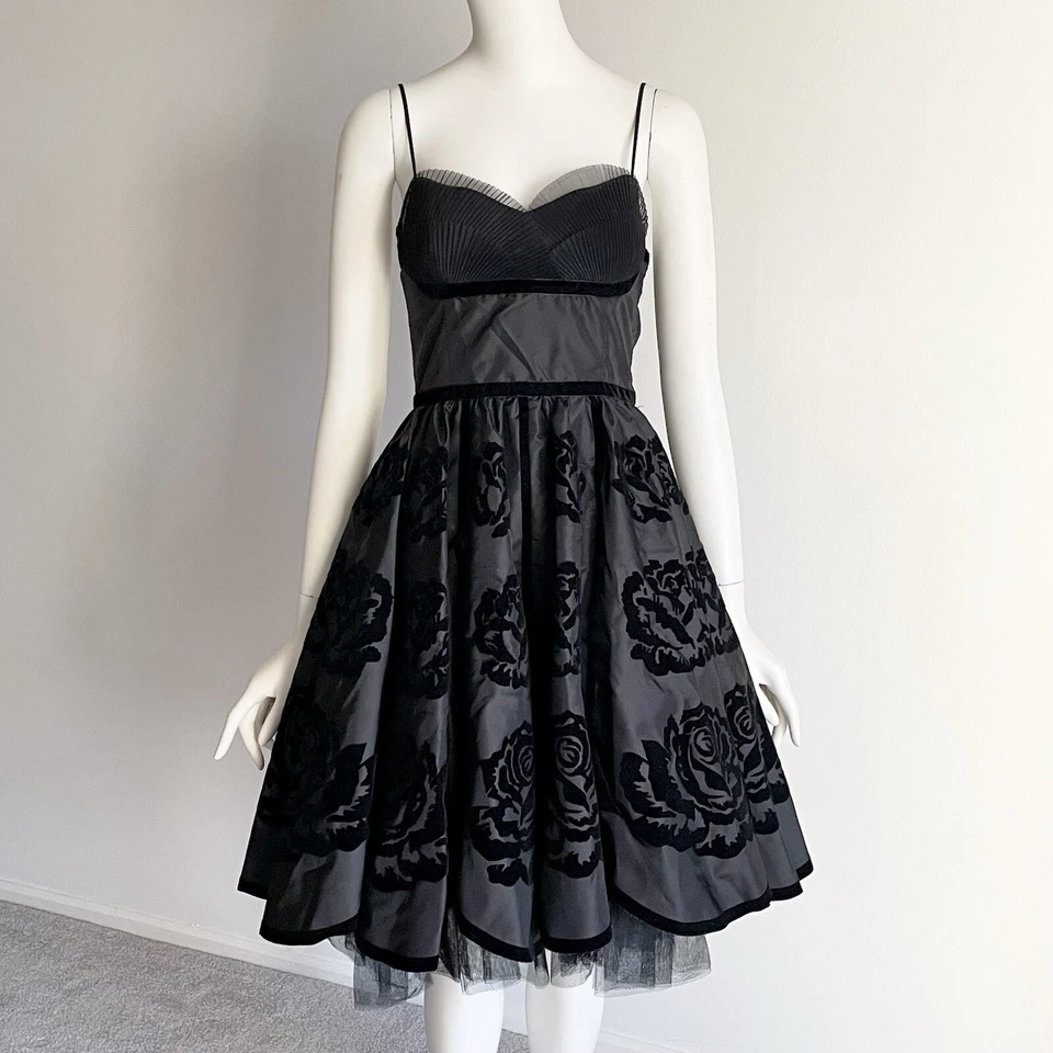Vestido de Noche Vintage XS Betsey Johnson Terciopelo Negro Rosa Floral Bustier Corsé Foto 2 de 4