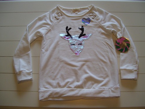 Girls Btween Soft Cozy White Flip Sequin Reindeer Sweatshirt Sz 12 - Picture 3 of 5