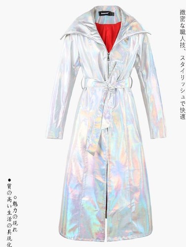 Silver Womens Mid Length Belted Coats Hooded Jacket Zipper Loose Fit Overcoat  - Bild 3 von 10