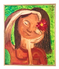 Portrait Of Girl Tropical Flower Brunette Original Acrylic Painting 21X 26" 2006