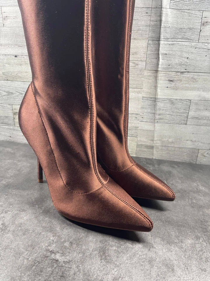 Liliana Calcetín Botas Mujer 10M Zapatos Marrón Satinado Pull On Comodidad Punta Foto 2 de 4