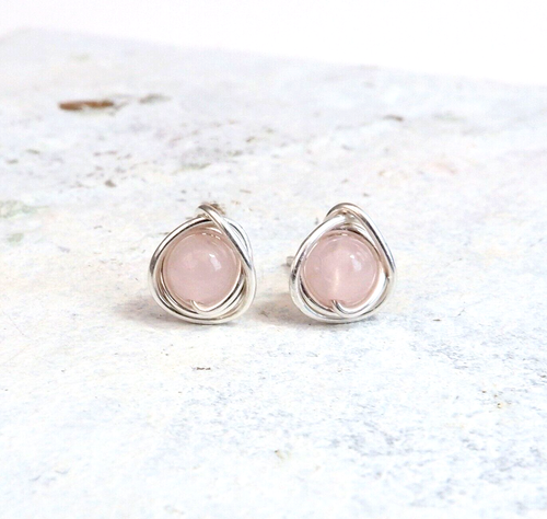 Rose Quartz Stud Earrings Handmade Sterling Silver Pink Earrings Gift Wrapped - Picture 2 of 6