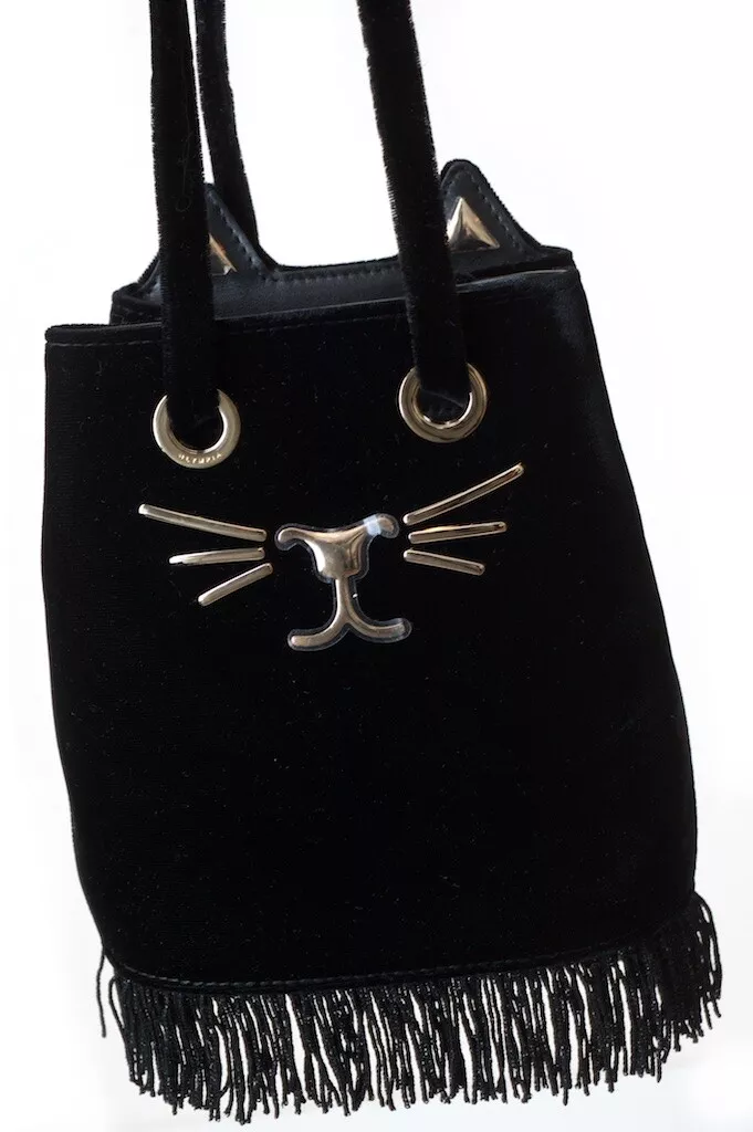 NWT Authentic Charlotte Olympia Black Velvet Gold Feline Cat Bucket Bag  Fringe