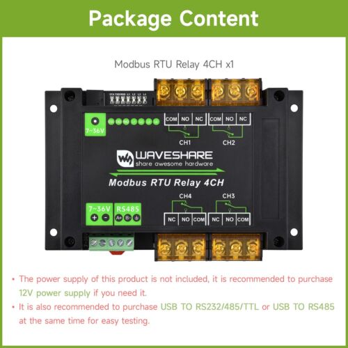Waveshare Industrial Modbus RTU 4-ch Relay Module with RS485 Interface, 30A - Picture 11 of 11