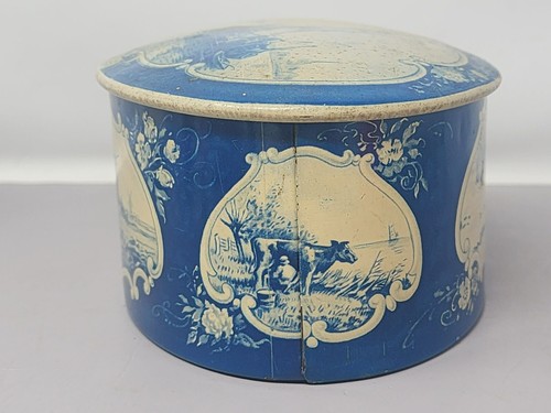 Vintage Droste Haarlem Holland Blue & Cream Metal Tin With Buttons Thread String - Picture 5 of 14