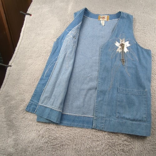 Vintage Cactus California Vest Womens XL Blue Denim Bolo Palm Trees Boho Pocket - Picture 8 of 11