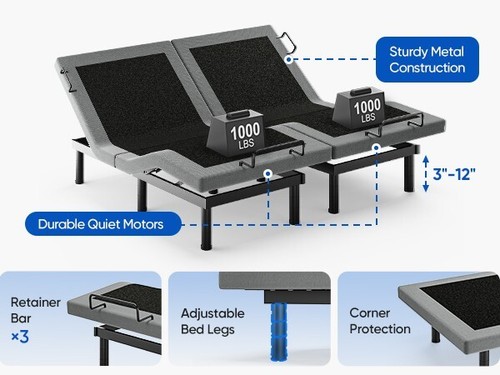 Split King Power Adjustable Bed Frame Upgrade Metal Bed Base Remote Dual Motor - Picture 6 of 15