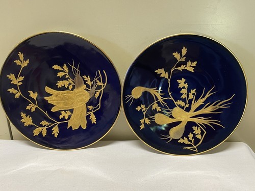 Antique Pirken Hammer Cobalt Blue w Gold Enamel Encrusted Cabinet Plates 1800’s - Picture 10 of 15