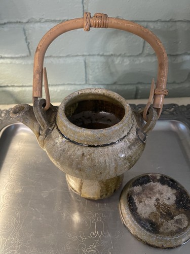 Vintage Teapot Handmade Tan/ Brown Clay  W Lid Bamboo Handle  - Picture 2 of 12