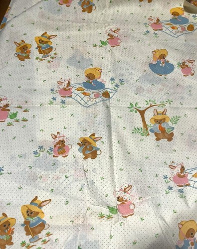 vintage BUNNIES PICNIC ON PIN DOT poly cotton fabric 2 Yards - Picture 2 of 7