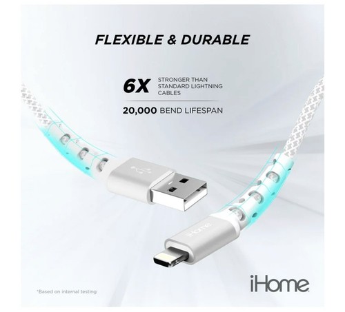 Iphone Charger iHome Fabric Braided Lightning to USB Cable, White, 6' - Picture 3 of 5