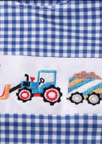 Boy's Boutique Blue Vehicle Truck Construction JonJon Romper Sibling Matching Su - Picture 2 of 10