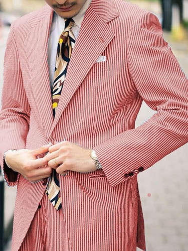 Seersucker Men's Suits Summer Wear Single Breasted Notch Lapel Groom Tuxedos - Picture 19 of 24