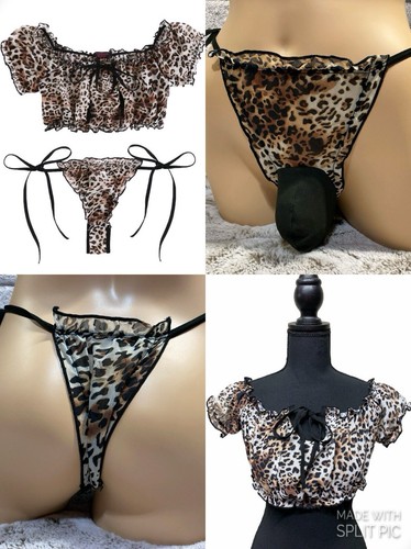 Large Trans Women Men Sexy Sheer Leopard Thong Lingerie Set Pouch Panties Sissy