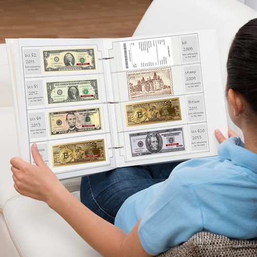 4 tasche pagine di valuta buste trasparenti porta banconote dollaro con 3 fori C - Foto 7 di 12