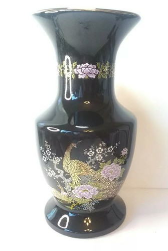  Large Japanese Black Floral Peacock Vase, 11" with Maker's Mark Japan  - Picture 1 of 11