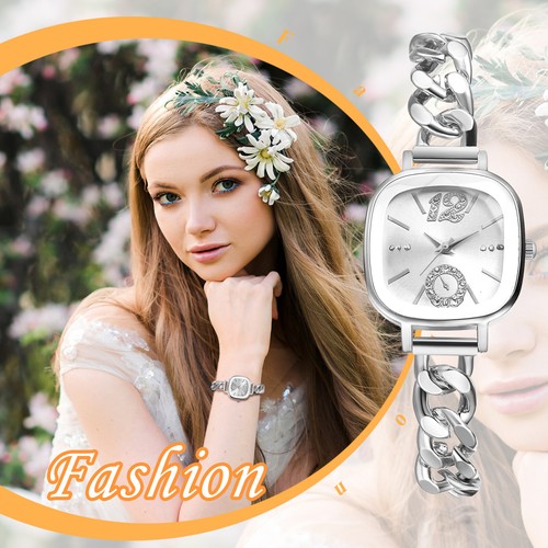 Womens Charm Square Rhinestone Quartz Wrist Watch Cuban Bracelet Stainless Steel - Picture 17 of 21