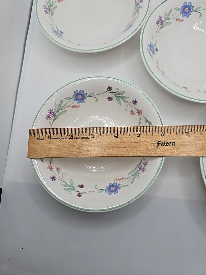 Juego de 5 cuencos de gres Oneida AVA blanco azul púrpura flores banda verde Foto 4 de 4