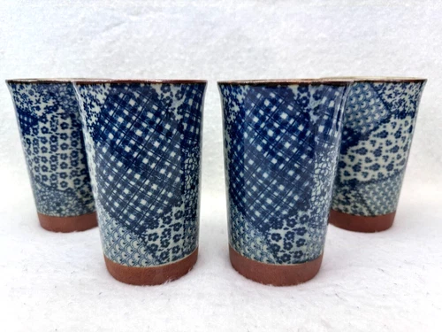 4 Vintage Pottery Tumblers Blue Patchwork Pattern Drinking Cups 5 1/4" Tall