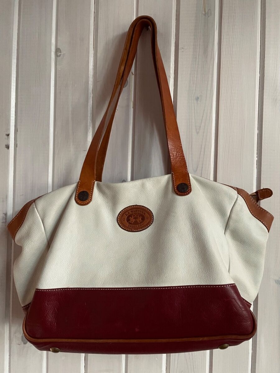 LA MARTINA Saddlery Shoulder Bag Tote Soft Shell Leather Two Tone Ivory Dark Red eBay