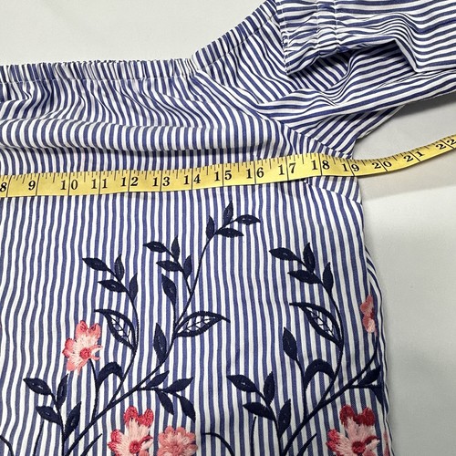 Womens Floral Embroidered Top Size S 3/4 Sleeves Off Shoulder Nautical Striped - Picture 5 of 11