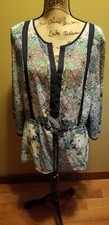 NWT Womens New York Company Floral V Neck Tie Waist Tunic Top Navy Multi L