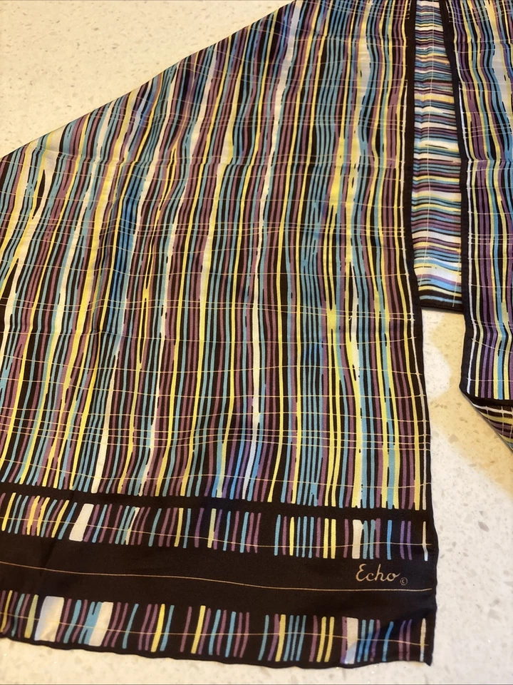 Cachecol Chinon Vintage ECHO Mistura de Seda Japão 48 X 15 Marrom Azul Amarelo Multi - Imagem 4 de 4