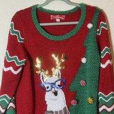 33 Degrees Ugly Christmas Sweater L Red Reindeer Tree Sequin Holiday Knit