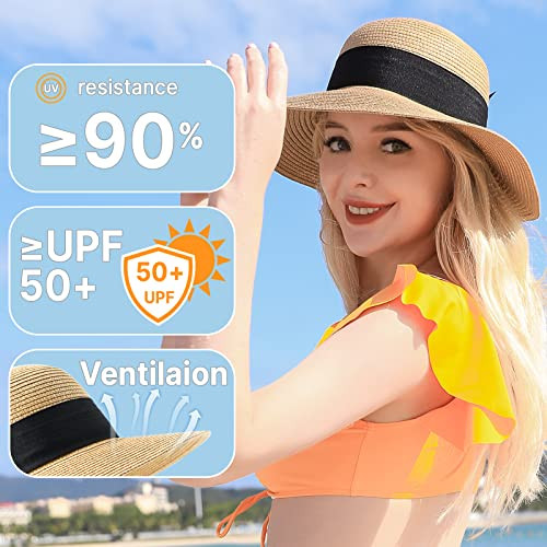 Beach Sun Straw Hats for Women, UPF 50+ UV Sun Protection Wide One Size A-khaki - Picture 2 of 6