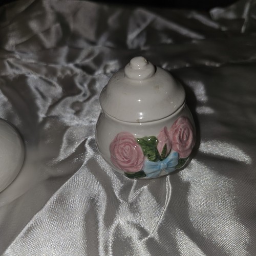 Vtg Small Ceramic Pink Rose Flower Blue Bow Sugar Bowl Creamer Set miniature set - Picture 5 of 13