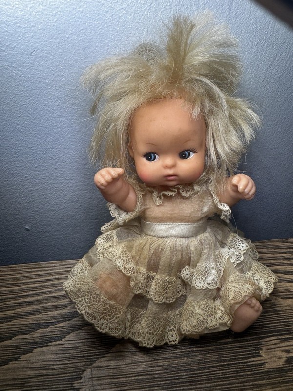 Vintage Hong Kong Baby Doll Blonde Pigtails Lace Dress 1960s 1970s Marked