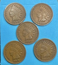 Lot of 5 Indian Head Cents 1905–1909 | Bronze Pennies | Avg Circulated