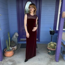 Vintage Y2K Maroon Velvet Mesh Maxi Dress By KiKi Size Small Formal Prom Evening