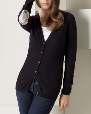 BURBERRY Brit STRICKJACKE schwarz CARDIGAN mit CHECK Ellenbogen-Patches Gr. S
