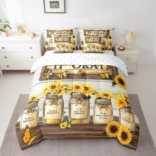 Sunflower Comforter Set 7 Pieces King Size Positive Quote Farm Floral Bedding...