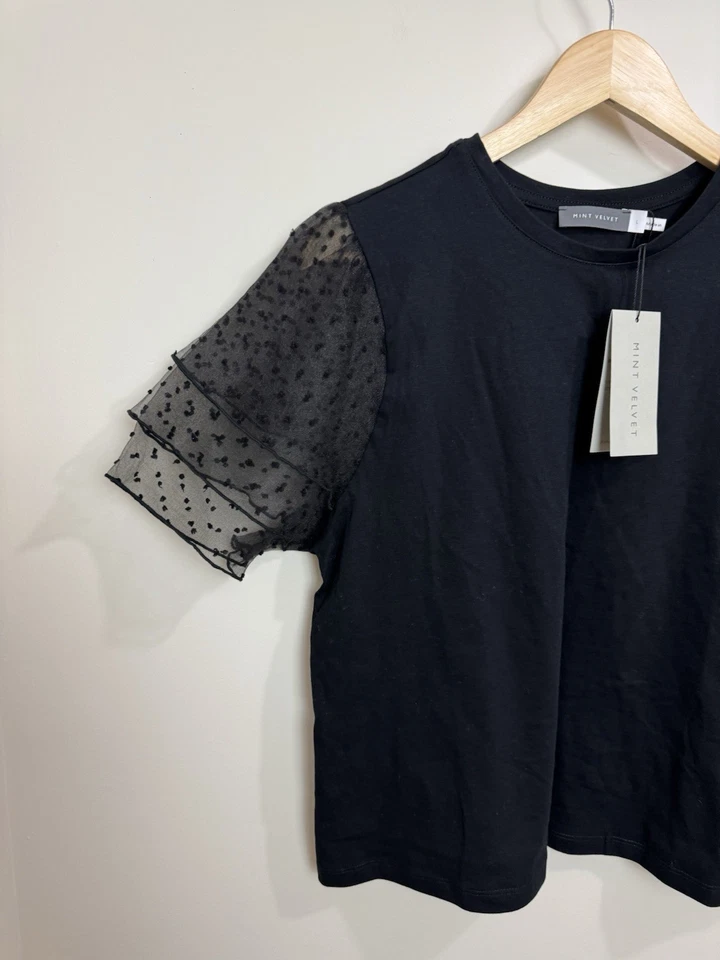 Mint Velvet Black Tulle Sleeve T- Shirt large New With Tags RRP £55 - Image 2 of 4