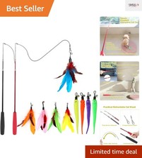 Interactive Cat Toy Set - 2PCS Retractable Wands  9PCS Feather Refills for Cats