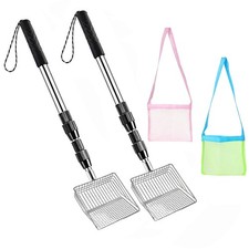 2Pcs Sand Sifters with Seashell Bags, Adjustable Sifter Mesh Shovel Scooper