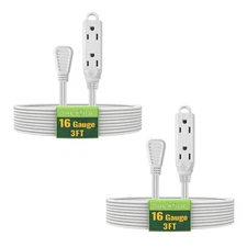 Indoor Extension Cord 3ft 3 Outlet Flat Plug 16/3 SPT-3 White 2 Pack Power