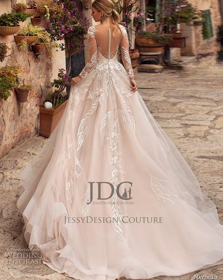 Top Langarm Brautkleid Hochzeitskleid Maßanfertigung 32-60 Blätt Spitze Knöpfe - Bild 3 von 4